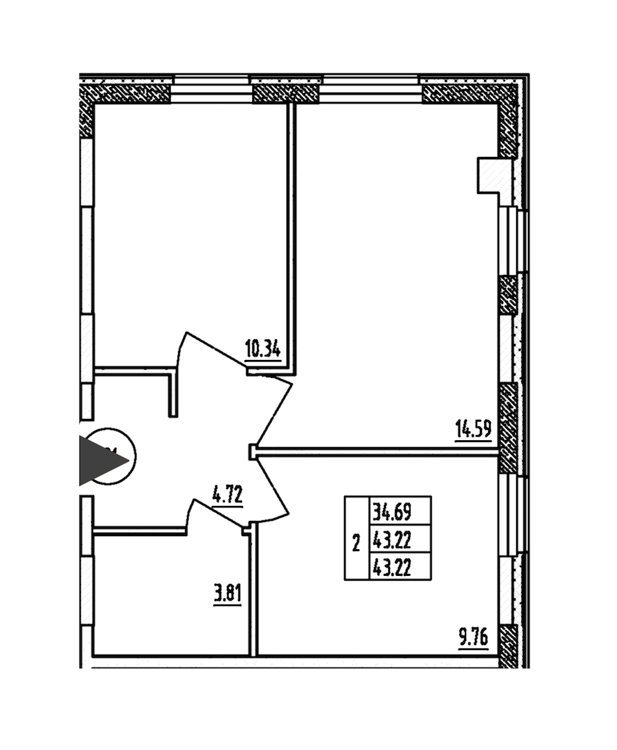 2-комнатная квартира 43.22 м², 4/13 эт., Апарт-отель «Zoom Черная речка»